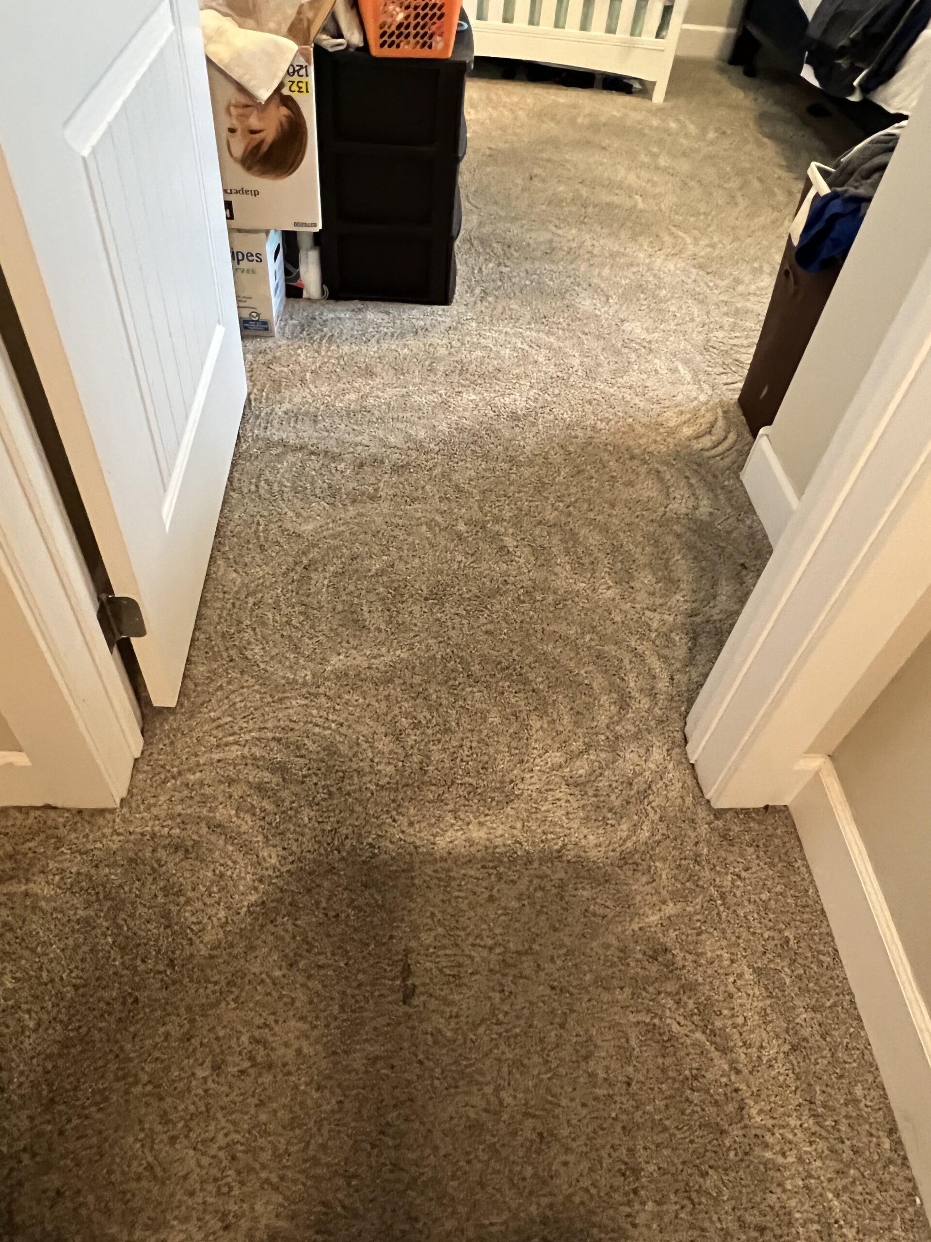 Before and after comparison of a carpet's appearance, showing the difference in cleanliness after a professional steam cleaning.